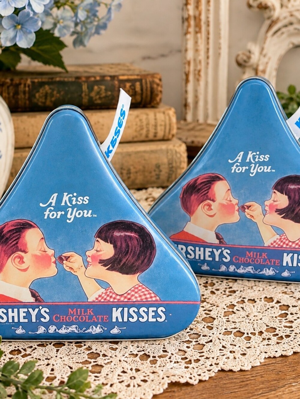 Vintage 1999 Hershey Kisses “A Kiss for You” Metal Tins Set of 2 Blue Candy Tins